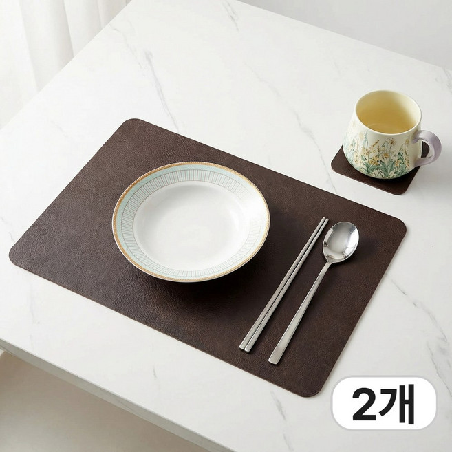 앤아일즈 고급 소가죽 무늬 가죽 테이블 식탁 매트 + 코스터 세트, 2개, 45x30cm, 다크브라운