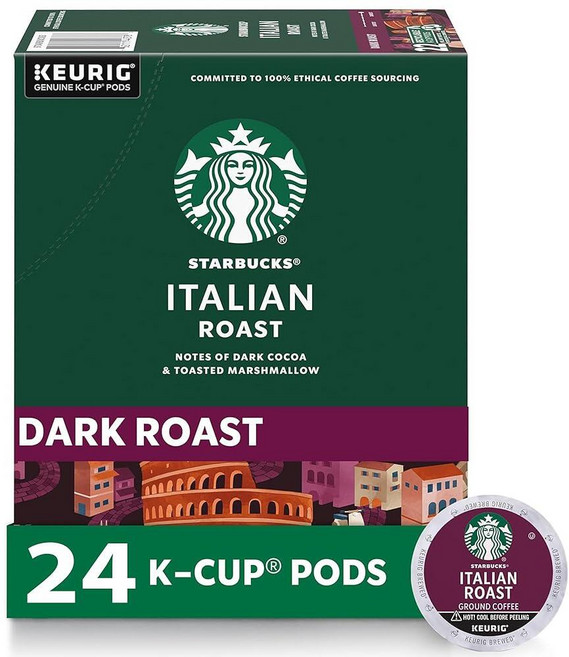 Starbucks K-Cup 커피 포드 다크 로스트 커피 큐리그 브루어용 이탈리안 로스트 100% 아라비카 (총 24포드), Starbucks K-Cup 커피 포드, 다크 로스트