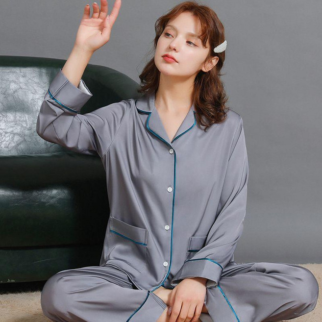 真絲睡衣套裝 女長袖純色家居服