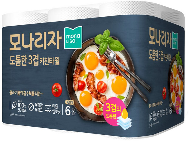 모나리자 프리미엄 도톰한 3겹 천연펄프 키친타올 160매, 6개