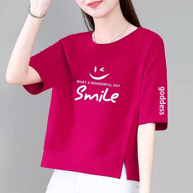 여성용 여름 루즈핏 오버사이즈 레터링 프린팅 반팔 크롭 라운드넥 티셔츠