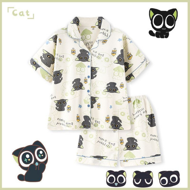 可愛羅小黑貓卡通純棉短袖睡衣套裝, 1個, 仿棉羅小黑短袖+短褲 【男女同款】XL碼170推薦體重115-135斤