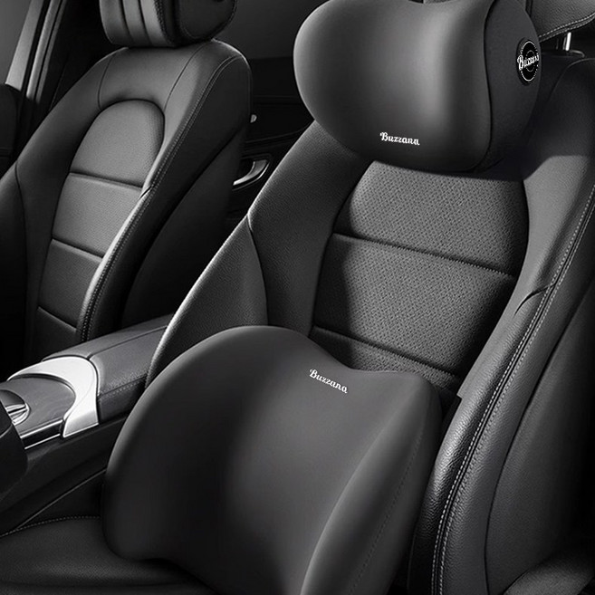 차량용 1+1 메모리폼 목쿠션 사계절용 허리쿠션 등받이쿠션 세트, 블랙, 1세트