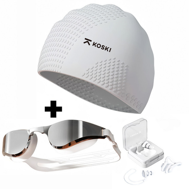 코스키 김서림방지 남녀공용 고급 실리콘 수경수모 4종 수영용품세트, 1세트, 화이트