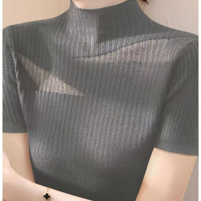 여름 여성 반팔 니트티 데일리 망사 디자인 슬림핏 반팔 반폴라티 캐주얼 여자 니트 목폴라티 반팔티 YJW