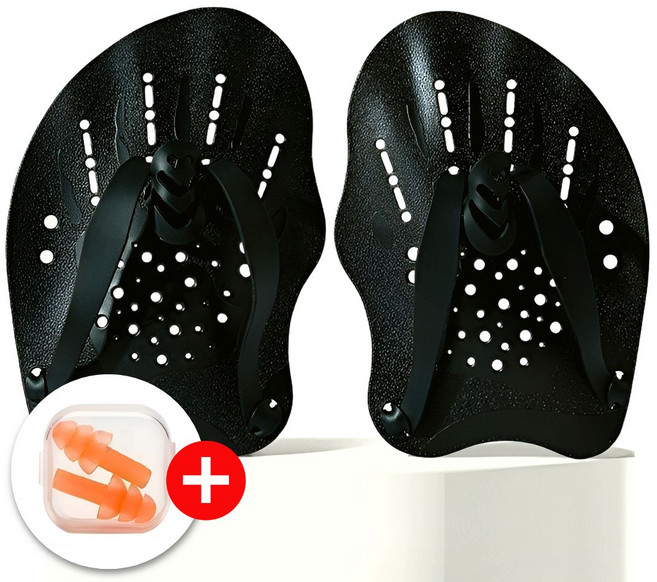 라운듀 수영 손패들 물갈퀴 + 귀마개 세트, 클래식 블랙