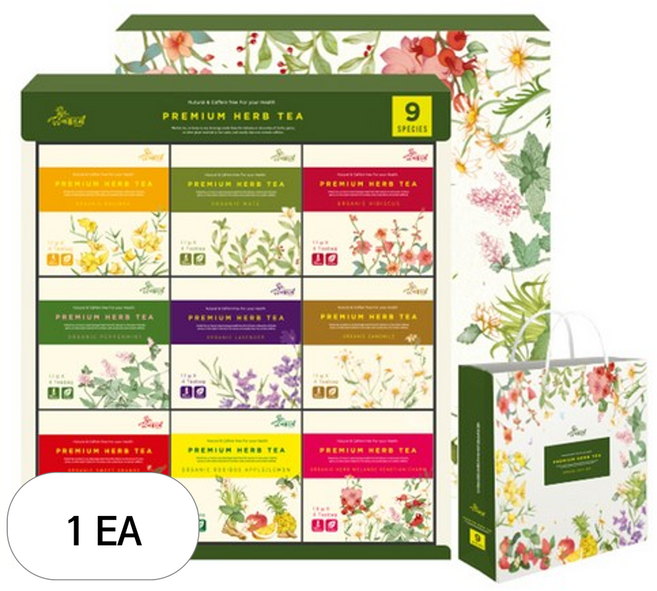 아름드레 유기농 삼각티백 허브차 선물세트 + 쇼핑백, 9종, 1세트