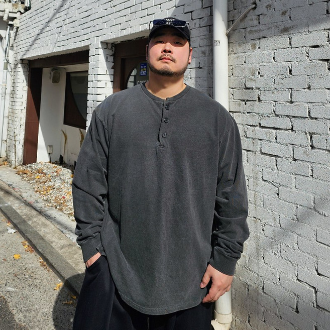 남자 빅사이즈 오버핏 헨리넥 피그먼트 10수 베이직 긴팔 티셔츠 ML 봄 가을 코튼 긴소매 무지 맨투맨 MTM 큰옷