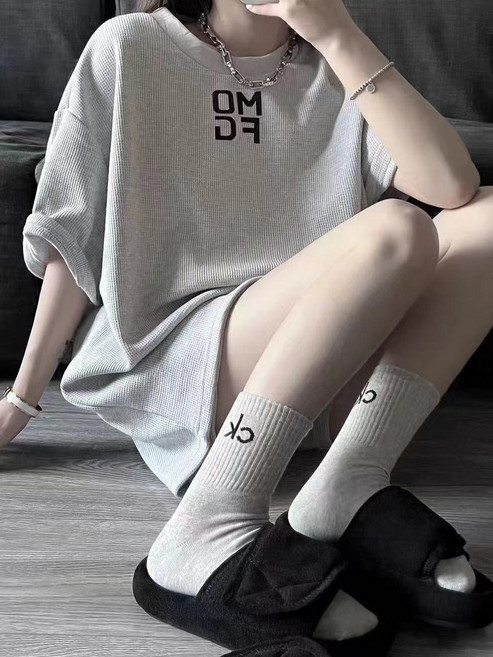 美式復古運動服套裝 夏季新款寬鬆短袖短褲時尚休閒華夫格兩件套裝