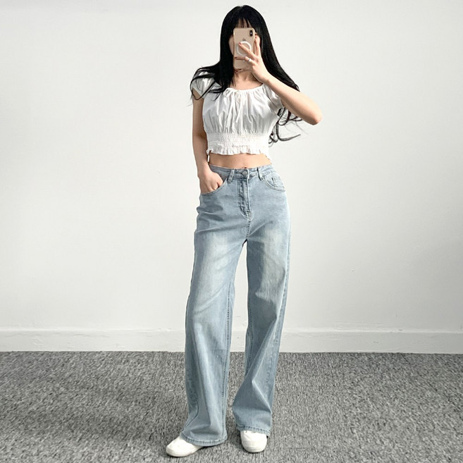 소유진 여성용 스판 하이웨스트 와이드 일자핏 데님팬츠