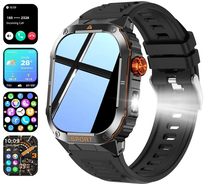 아웃도어 남성 스마트워치 2.01인치 대화면 방수 방진 충격 손전등 스포츠 모니터링용, black, 51cm, 블루투스 - 쿠팡