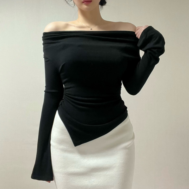 야오야오 드레이프 오프숄더 언발 셔링 슬림핏 긴팔 티셔츠