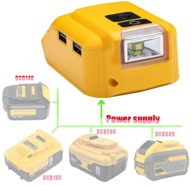 어댑터 LED 조명 작업 램프 14.4V 18V 리튬 이온 배터리 DCB140 DCB183 DCB203 충전기 용 USB 전원 은행 DC 12V 출력, 한개옵션0, 1개
