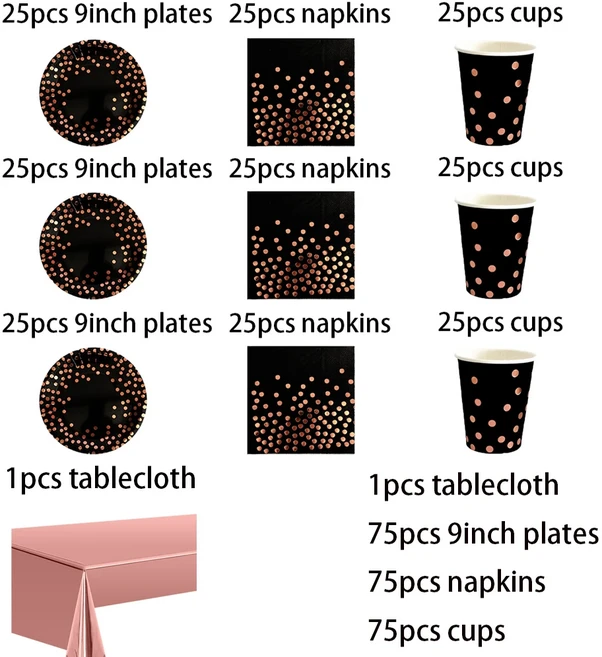 쿠쿠스토어 로즈 골드 블랙 작은 점 세트 생일 파티 장식 어린이 샤워 식기 품 식탁보 풍선 케이크 토퍼 빨, 08 set1