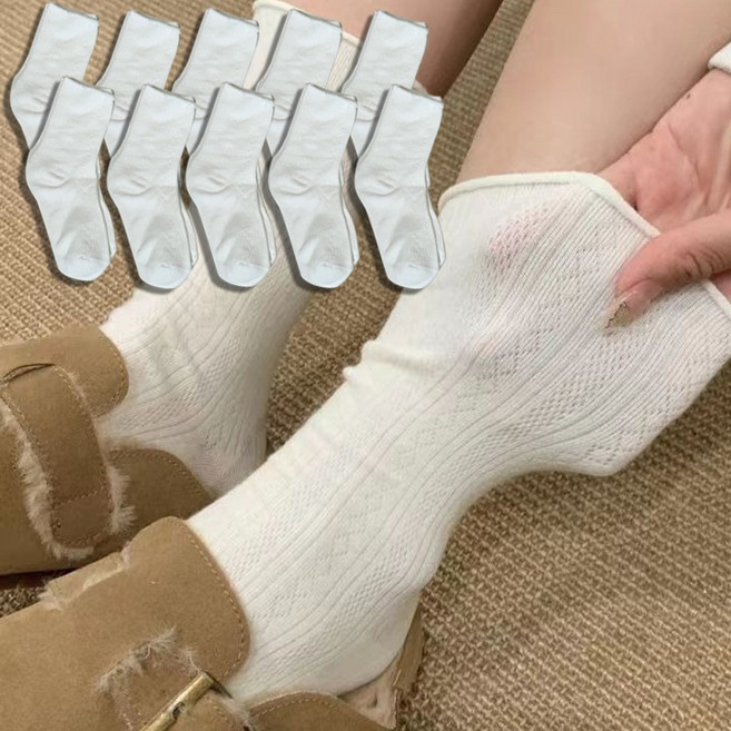 MCH 여성용 데일리 학생 무지 레이스 사계절 심플 양말 10켤레 세트