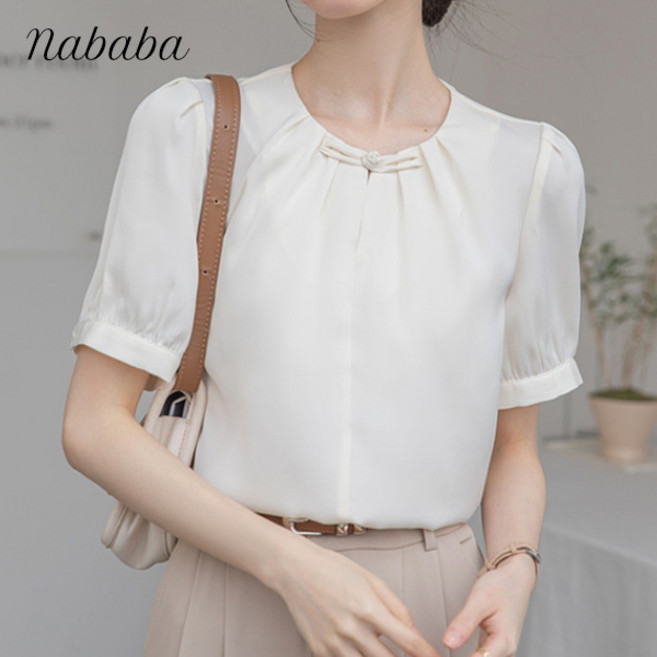 나바바 NB2601 여성 로맨틱 셔링 포인트 라운드넥 반팔 블라우스