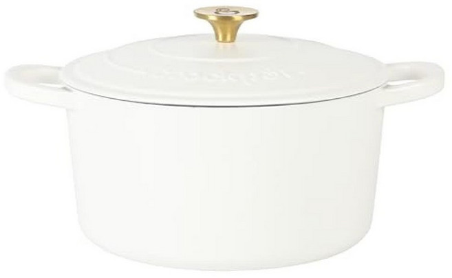 141110 Crock-Pot Artisan 원형 에나멜 주철 더치 오븐 5쿼트 선셋 오렌지, 매트 리넨 화이트, 골드 손잡이