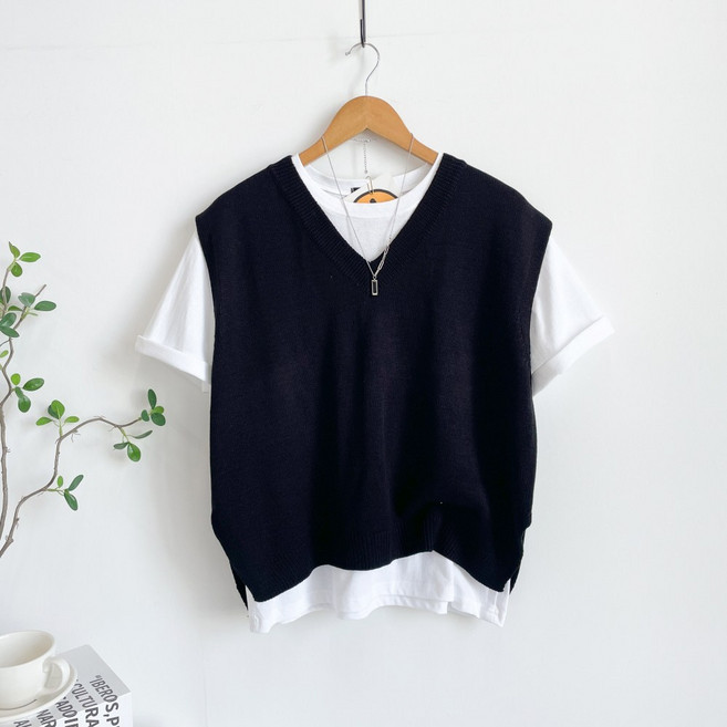 수니베 빅사이즈 여성의류 안나 v넥 니트 가을 브이넥 조끼 옆 트임 레이어드 빅사이즈 임산부 간절기 봄 가을 겨울 데일리 심플 모던 오피스룩 모임룩 하객룩