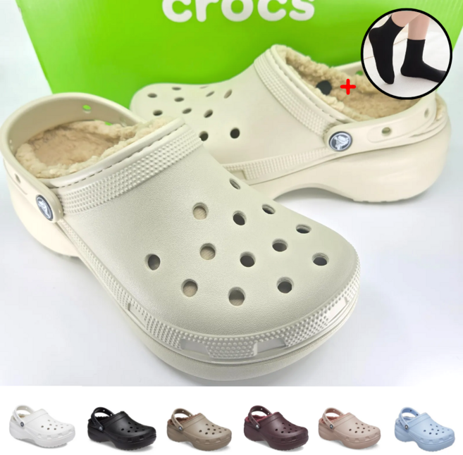 정품 크록스 클래식 플랫폼 라인드 클로그 우먼 키높이 캠핑 사무실 통굽 방한 털 슬리퍼 crocs 207938 탐나고 무지 양말