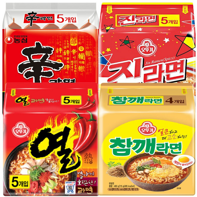 농심 오뚜기 세트 신라면5+진라면5+열라면5+참깨라면4, 1세트