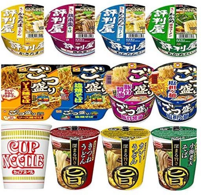 일본 닛신 마루무네 고츠모리 효반야 컵라면 컵누들 돈코츠 라멘 우동 야끼소바 12종 세트, 12개