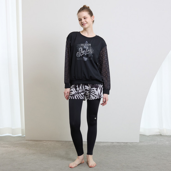 베이직엘르 여성 오버핏티셔츠 래쉬가드 워터레깅스 레이어드팬츠 세트 BEL-W204K