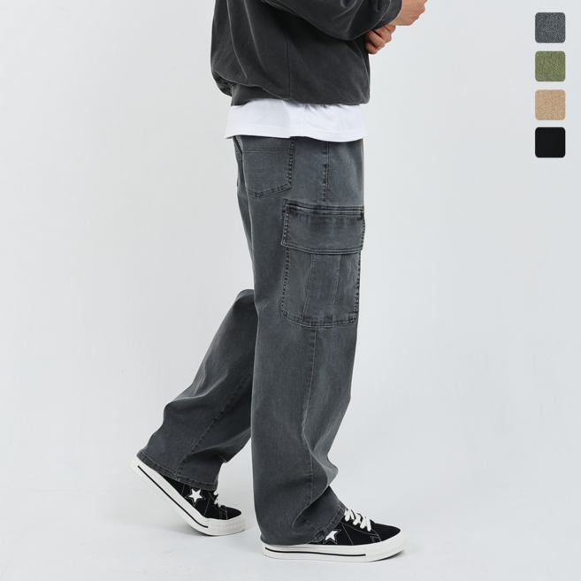 남자 피그먼트 와이드 카고 건빵바지 스판 밴딩 워크 팬츠