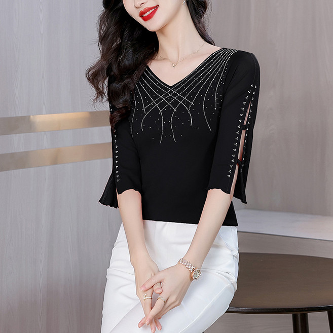 여성용 라인댄스복 상의 브이넥 큐빅 칠부 망사 티셔츠