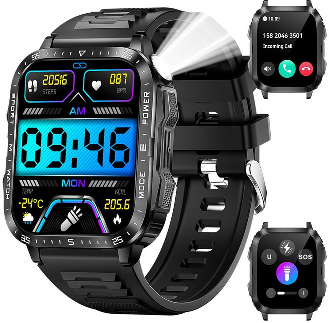 LED 손전등을 장착한 남성용 딜락 밀리터리 스마트워치 2 0인치 대형 화면 스마트워치 430mAh 대용량 배터리 트래커 수면 모니터 탑재 iPhone Android