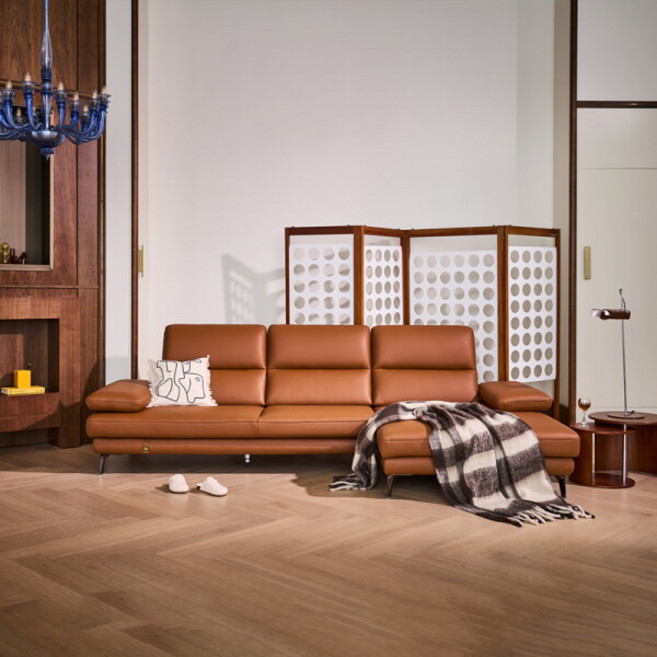 [다우닝] 루체 4인 카우치 전체 천연가죽 소파, 색상:머드브라운 / 방향:좌형