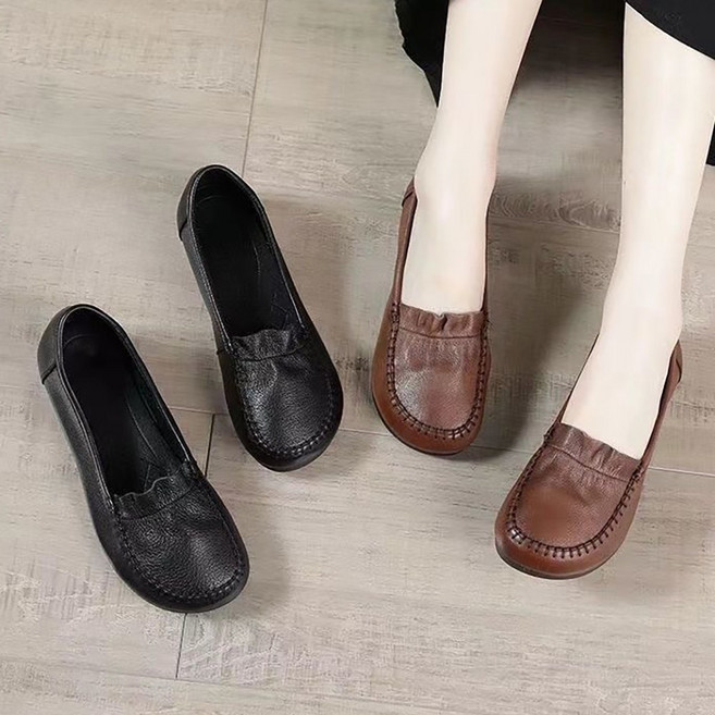 ROYALBELLE 여성 슬립온 단화 로우힐 라운드토 가죽구두 데일리 발편한 슈즈 E01012208