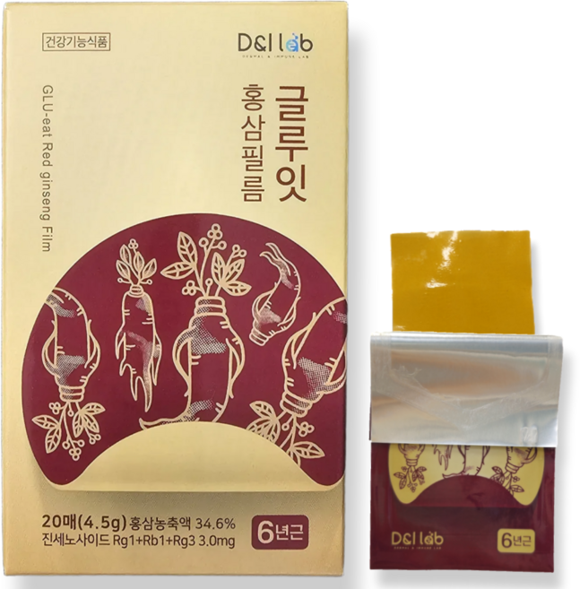 홍삼필름 글루잇 여성 남성 기억력 면역력 혈행개선 6년근 국산 진세노사이드, 1박스, 20회분