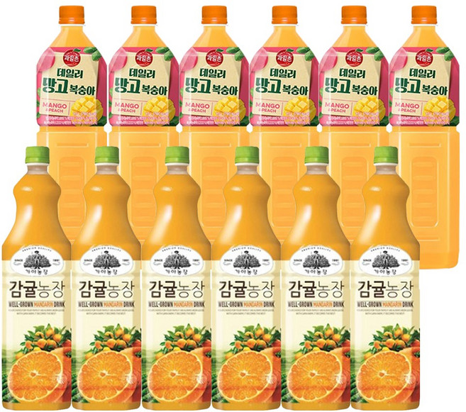 웅진 가야농장 감귤주스 + 해태htb 과일촌 데일리 망고복숭아 주스 (1.5 PET 혼합 각각 6개씩), 12개, 1.5L