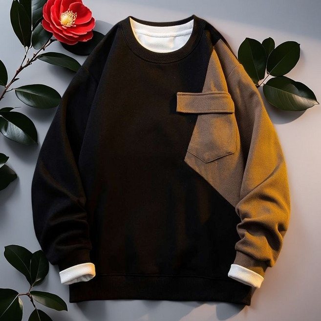 ORZQU 봄가을 남자 라운드 맨투맨 고급스러운 패치 코듀로이 긴팔 티셔츠