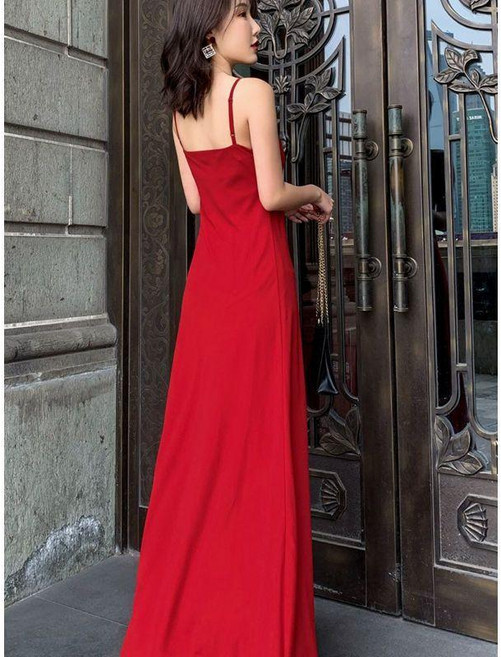 碎花吊帶連衣裙女 V領長裙, 紅色,3XL, 紅色