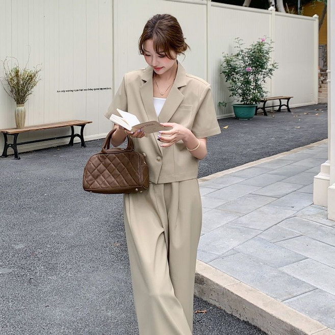 여성 여름 루즈핏 V넥 세미정장 반팔 자켓 일자 바지 투피스 블레이저 팬츠 세트