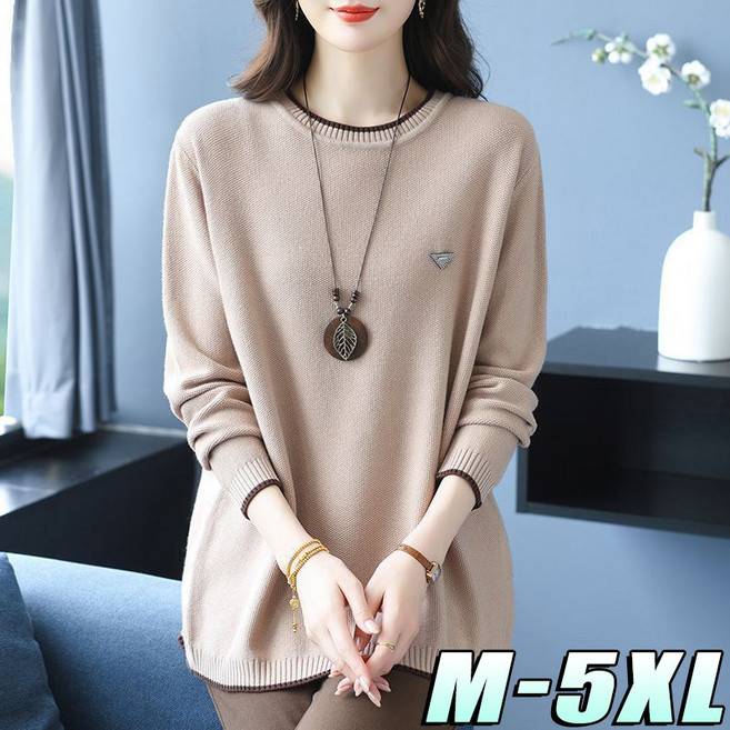 여성 여유핏 라운드넥 니트 간절기 데일리 니트티 캐주얼룩 40대 50대