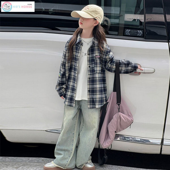 키즈목마 여아 주니어 봄 가을 캐주얼 체크 셔츠 초등학생 포켓체크 데일리 남방 866