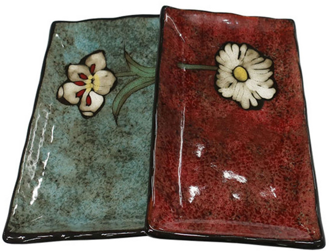 소담 도자기 생선접시 2P세트 핸드페인팅 긴 직사각 접시 그릇, 1세트, 블루+레드