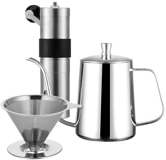 不鏽鋼手搖咖啡磨豆機 30g大容量 雙層濾網咖啡濾杯, 三合一組（600ml原色手沖壺）, 1套, 600ml