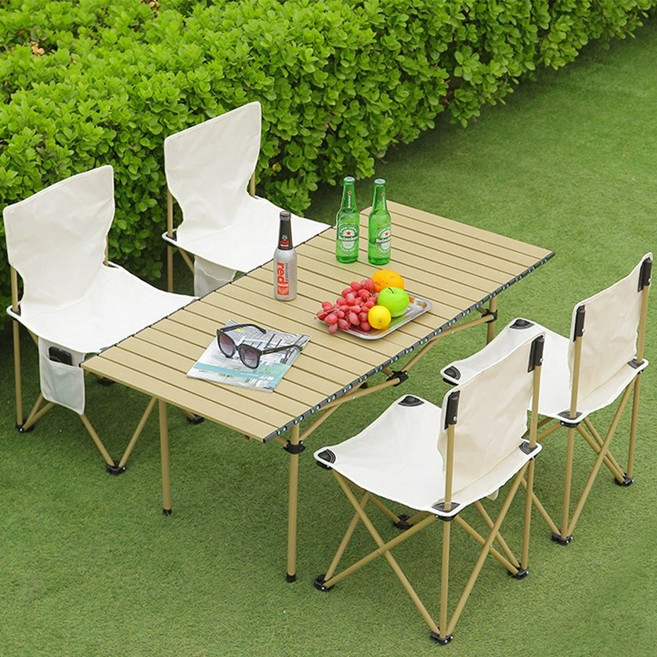 하루꿈 캠핑 테이블 의자 세트 2인/4인 접이식 피크닉 휴대용 야외 경량 롤테이블 체어, 아이보리