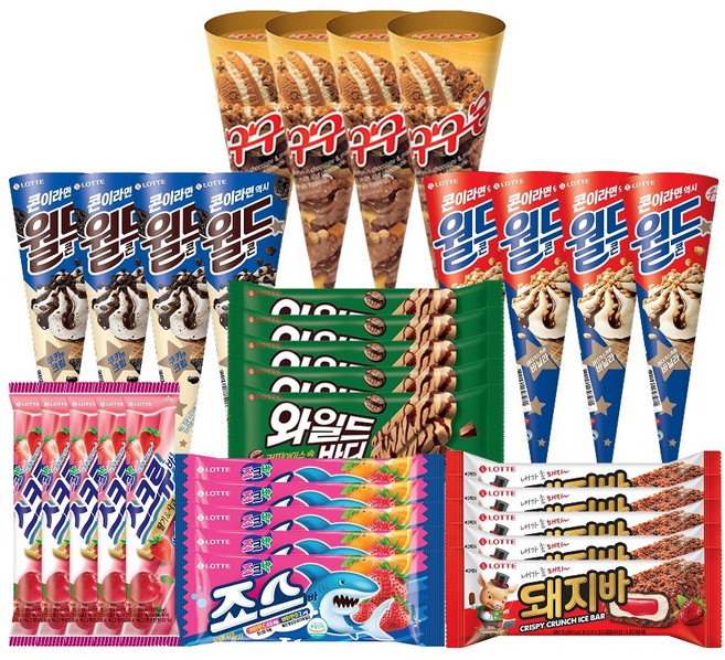 롯데 콘+바 아이스크림 7종 32개 혼합구성 월드콘 구구콘 죠스바 와일드바디 스크류바 돼지바 등, 1세트, 3.395L