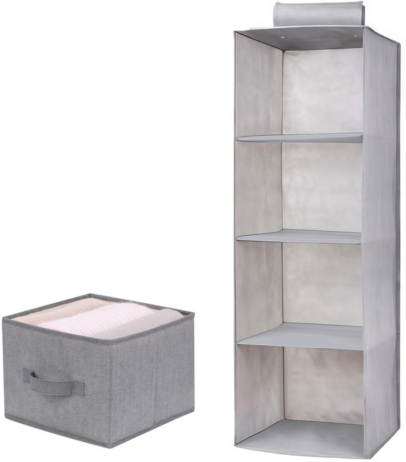 Gueray 접이식 4 칸 옷장 선반 공간절약 행잉오거나이저 티셔츠 모자정리 서랍함포함 패브릭, 1개, 패브릭 그레이