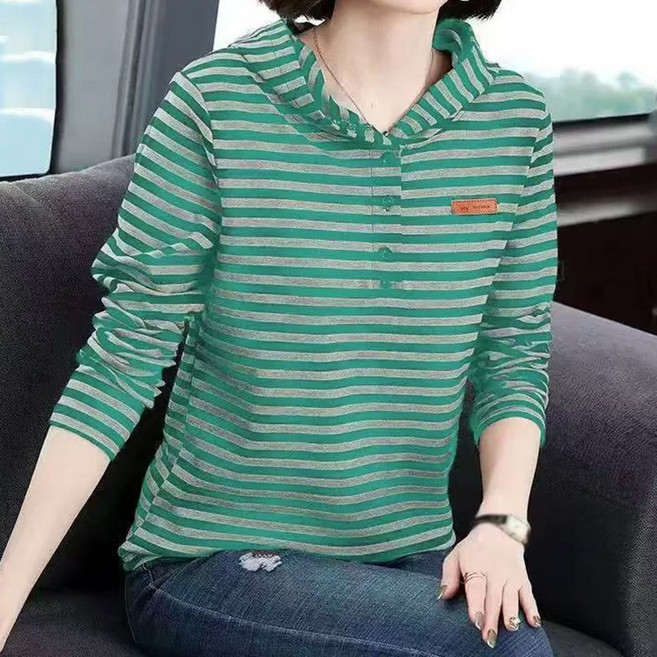 가을 후드 스트라이프 긴팔 티셔츠 여성용 캐주얼 이너웨어 유니크 디자인 긴팔 상의