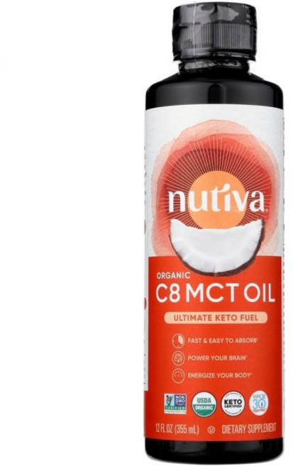 Nutiva 누티바 유기농 C8 MCT 오일 비유전자변형 코코넛에서 추출한 궁극의 케토 연료 14g 12 플로 온스 USDA 홀 30 비건 및 글루텐 프리 커피 쉐이크 샐러드에, Nutiva 누티바 유기농 C8 MCT 오일 비유전자변, 1개, 355ml