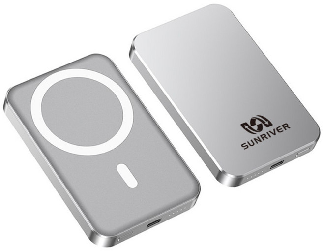 SUNRIVER 초경량 맥세이프 보조배터리 5000mAh 울트라 슬림 9mm 티타늄 합금 바디 PD22.5W QC3.0 고속충전+C타입 케이블, 실버, Mini Max 5000