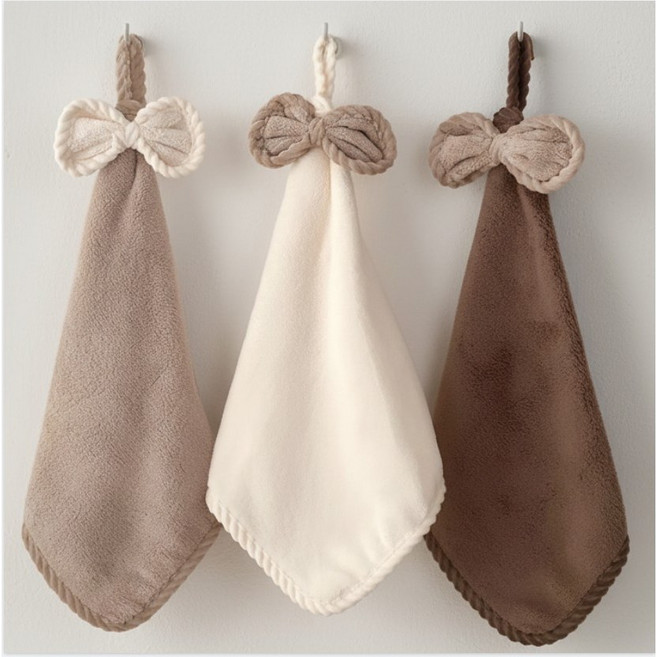 PDG 극세사 리본 주방타올 고리수건, 1세트, 아이보리+베이지+초코