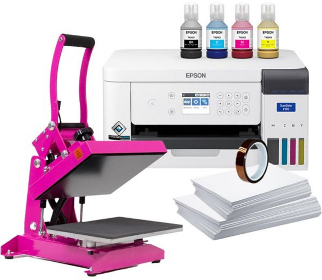 포토프린터 컬러 오피스 컴팩트 엡손 수어컬러 F170 염료 승화 프린터. 잉크 전체 세트 사용자 가이드 AC 전원 케이블 9인치 x 12인치 열 프레스 테이프 8.5인, Crafter Bundle