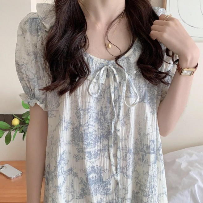 여성 순면 클라우디 여름 반팔 원피스 잠옷
