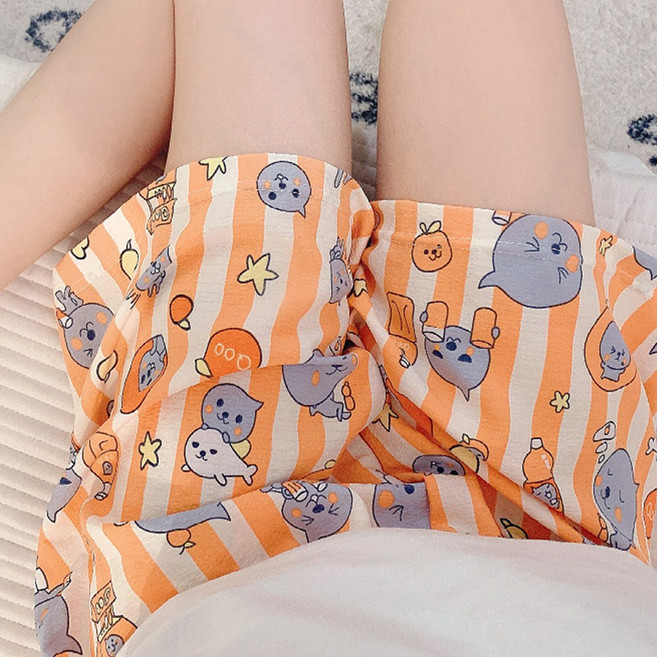 쿠우 여름 린넨 고쟁이 반바지 통기성 밴딩 시원한 잠옷 오렌지 바지 홈웨어 비치 해변 임산